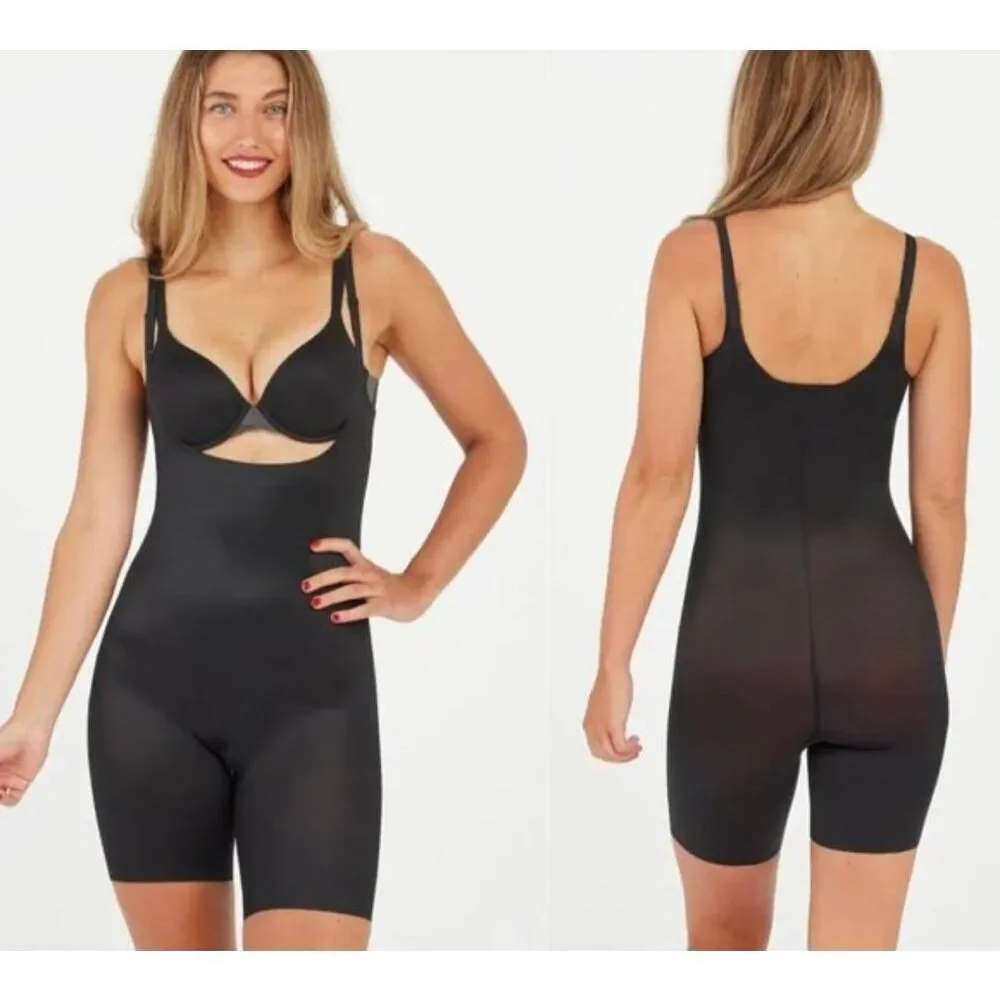 NWT Spanx Open Bust Mid-Thigh Bodysuit very black Sz XL